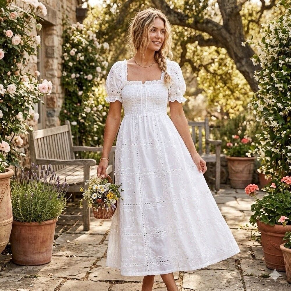 Caroline Constas Embroidery Organza Maxi Dress S White Ruffle Resort Cottagecore